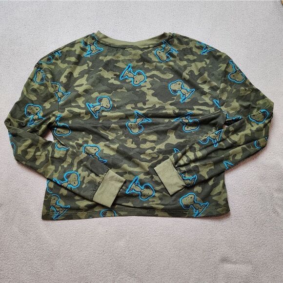 Peanuts Snoopy Tee Women’s S Long Sleeve Green Camo Print Soft Lounge Top - Picture 3 of 9